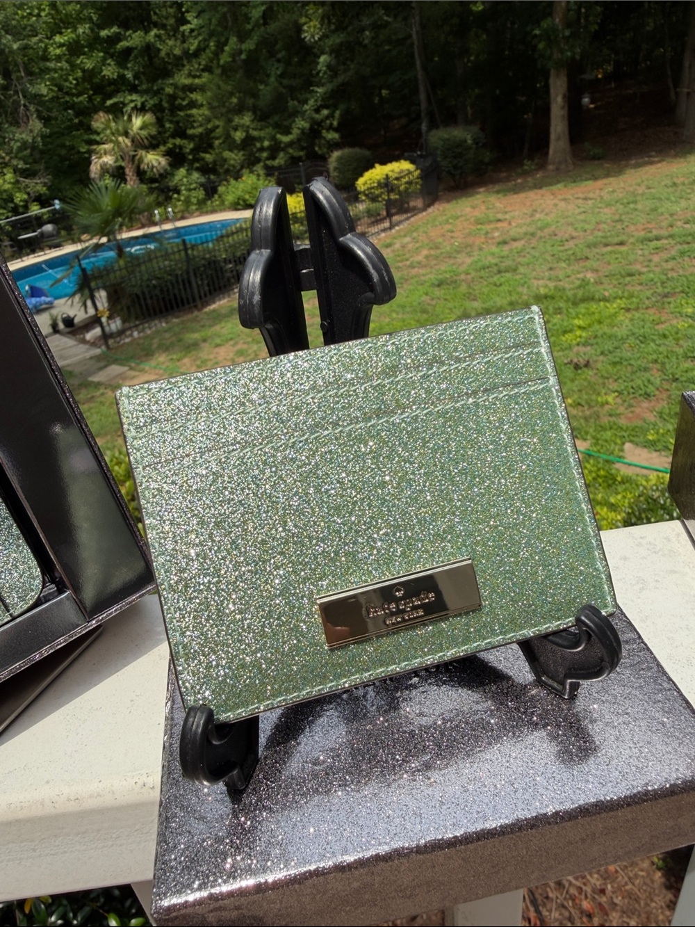 Kate Spade NWT Mini Tote Green Gold Glitter Bag, Wallet, Card Case Retail$580 - Picture 16 of 17